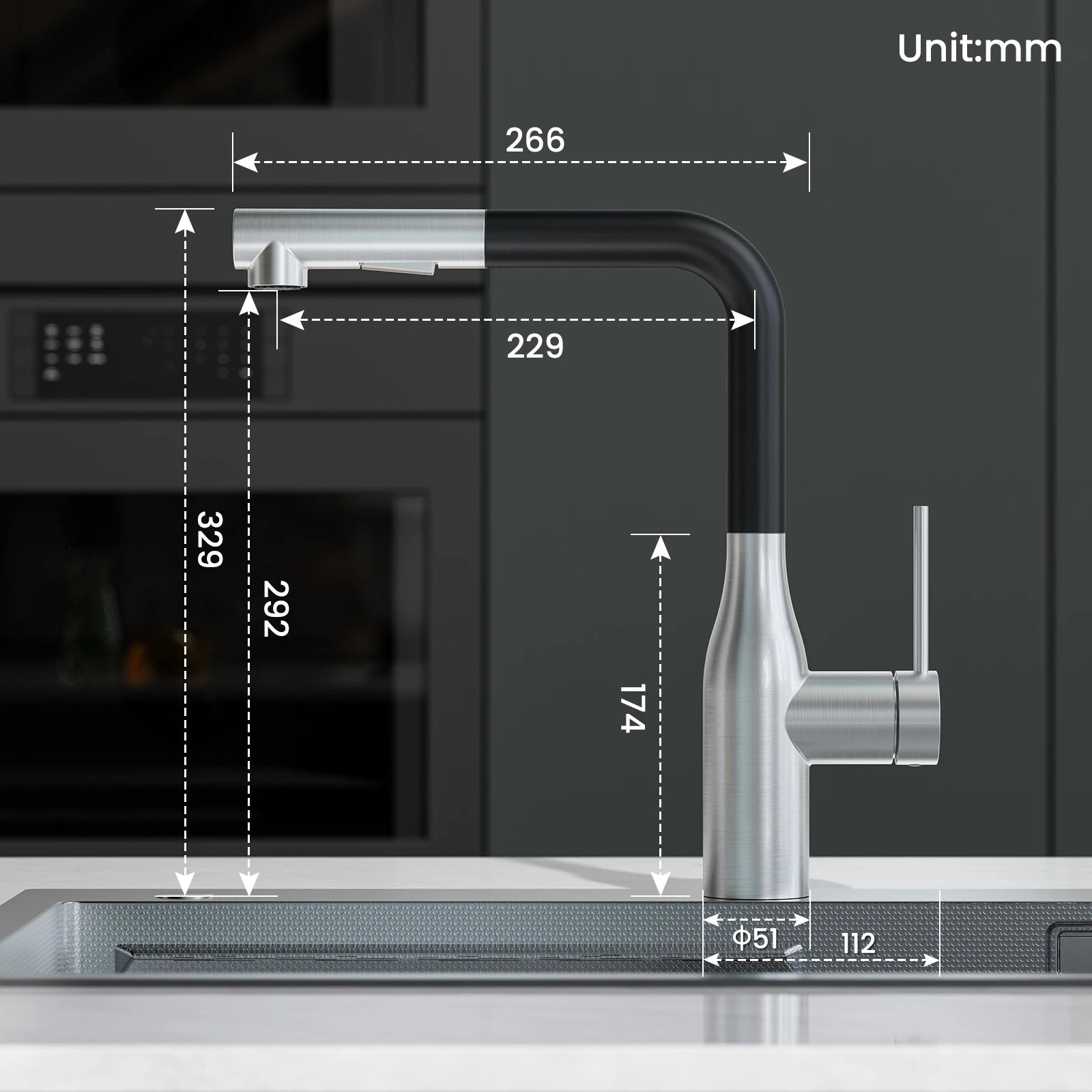 Kitchen Mixer, Kitchen Faucet with Pull-Down Spray Head, 360° Rotatable 2-Jet Sink Mixer, 2 Spray Modes, Brushed SUS304 and Black