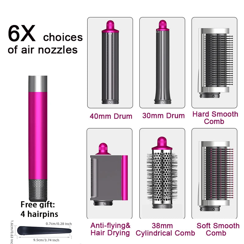 SenCiciMen 6-in-1 hot air brush and hair styler set with pink handle, curling barrels, and brushes for styling.
