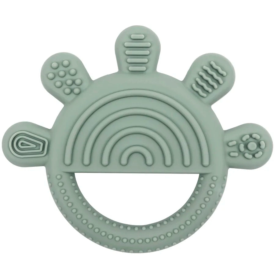 Sage green silicone baby teething toy with textured ring for soothing infant teething relief.