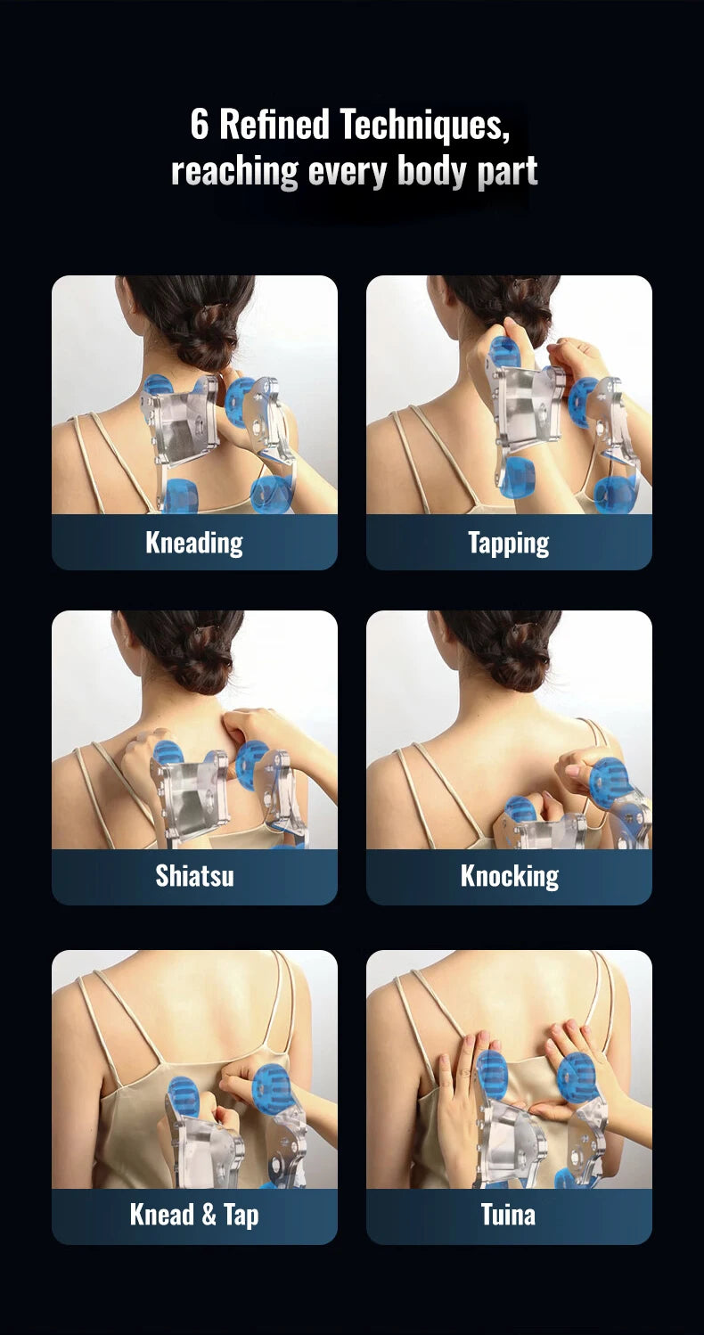 Clear plastic handheld massager with blue rollers showing six back massage techniques on a person.