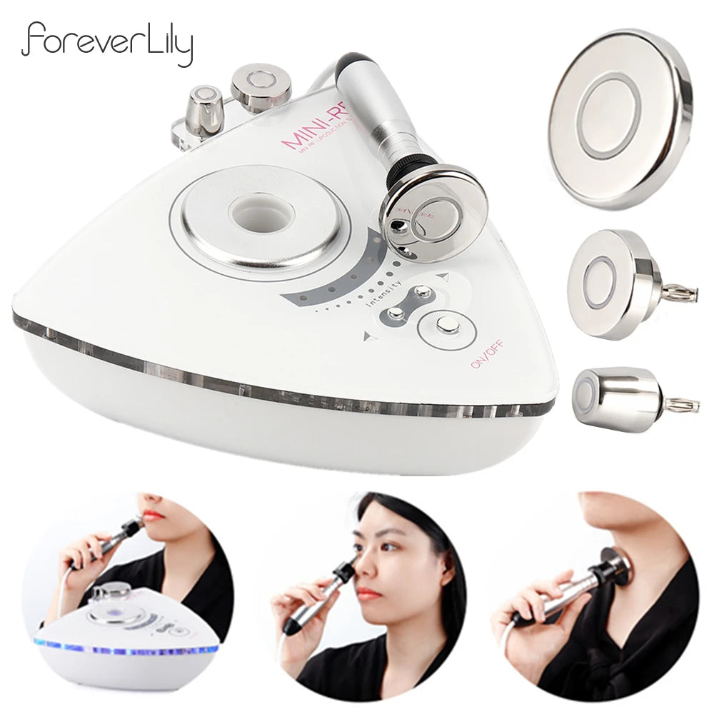 White triangular RF skin lifting device with three metal treatment probes, power button, and intensity controls.