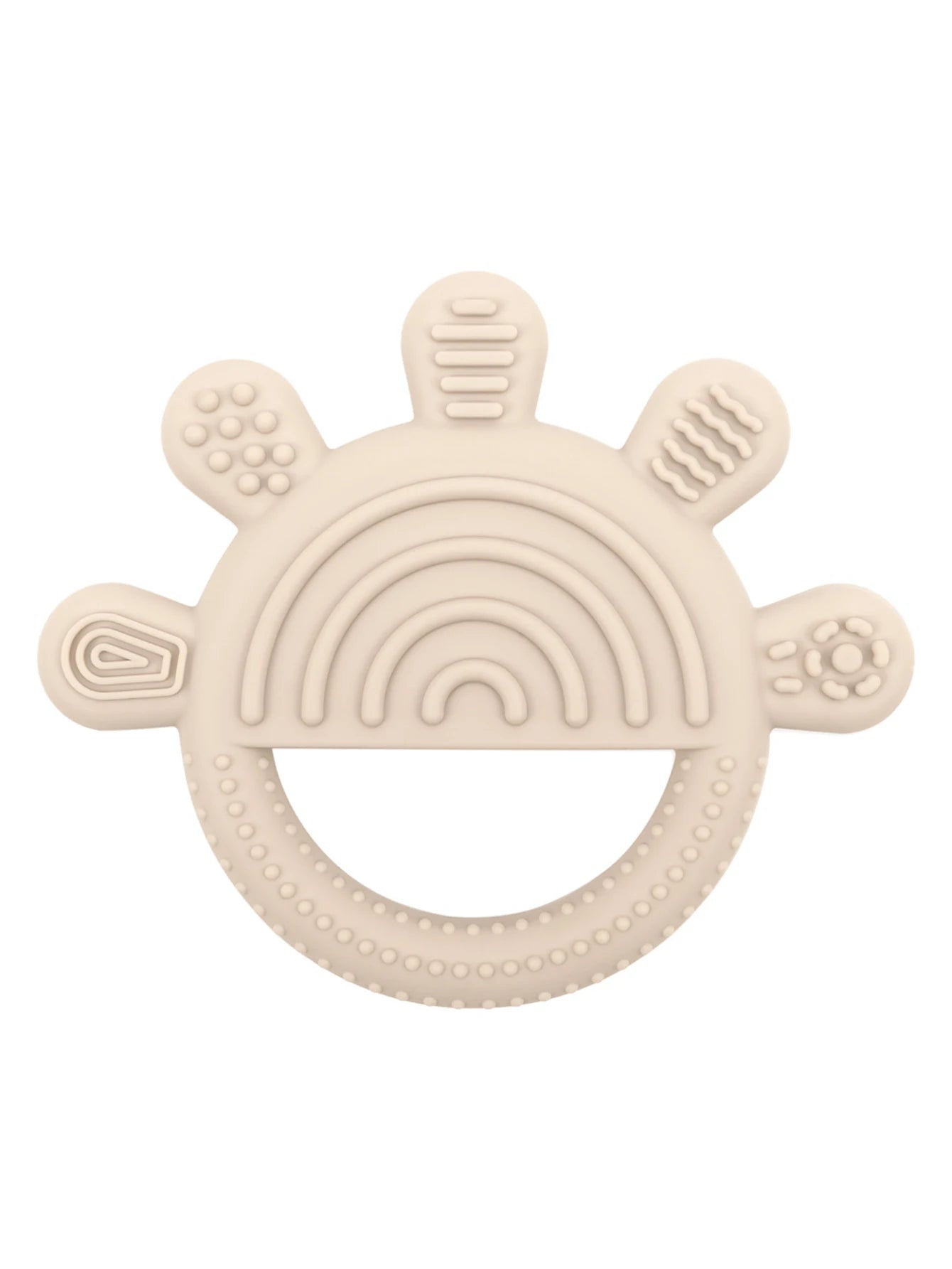 Beige silicone teething ring for baby teething relief, sun-shaped textured toy.