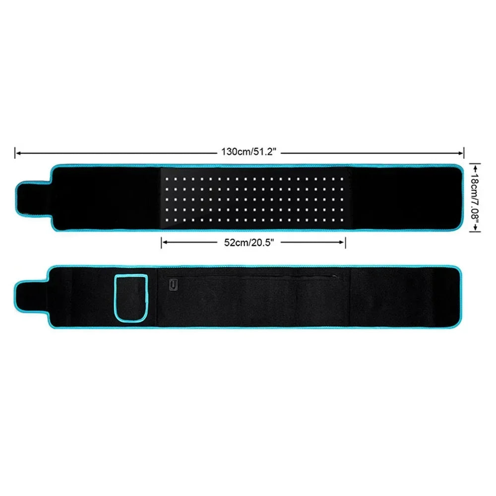 Red and infrared LED light therapy belt with dimensions for back pain relief, fat burning, and slimming.