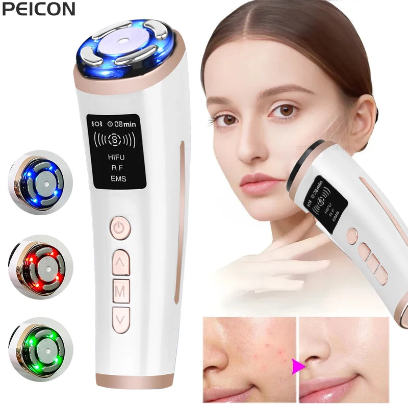 White and gold mini HIFU facial machine with RF, EMS, and LED light therapy for anti-aging and skin lifting.