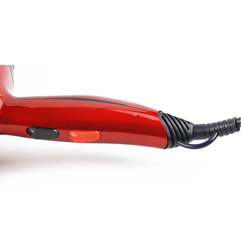Professional red 2300W salon hair dryer with ergonomic handle, speed settings, and long power cord for stylists.