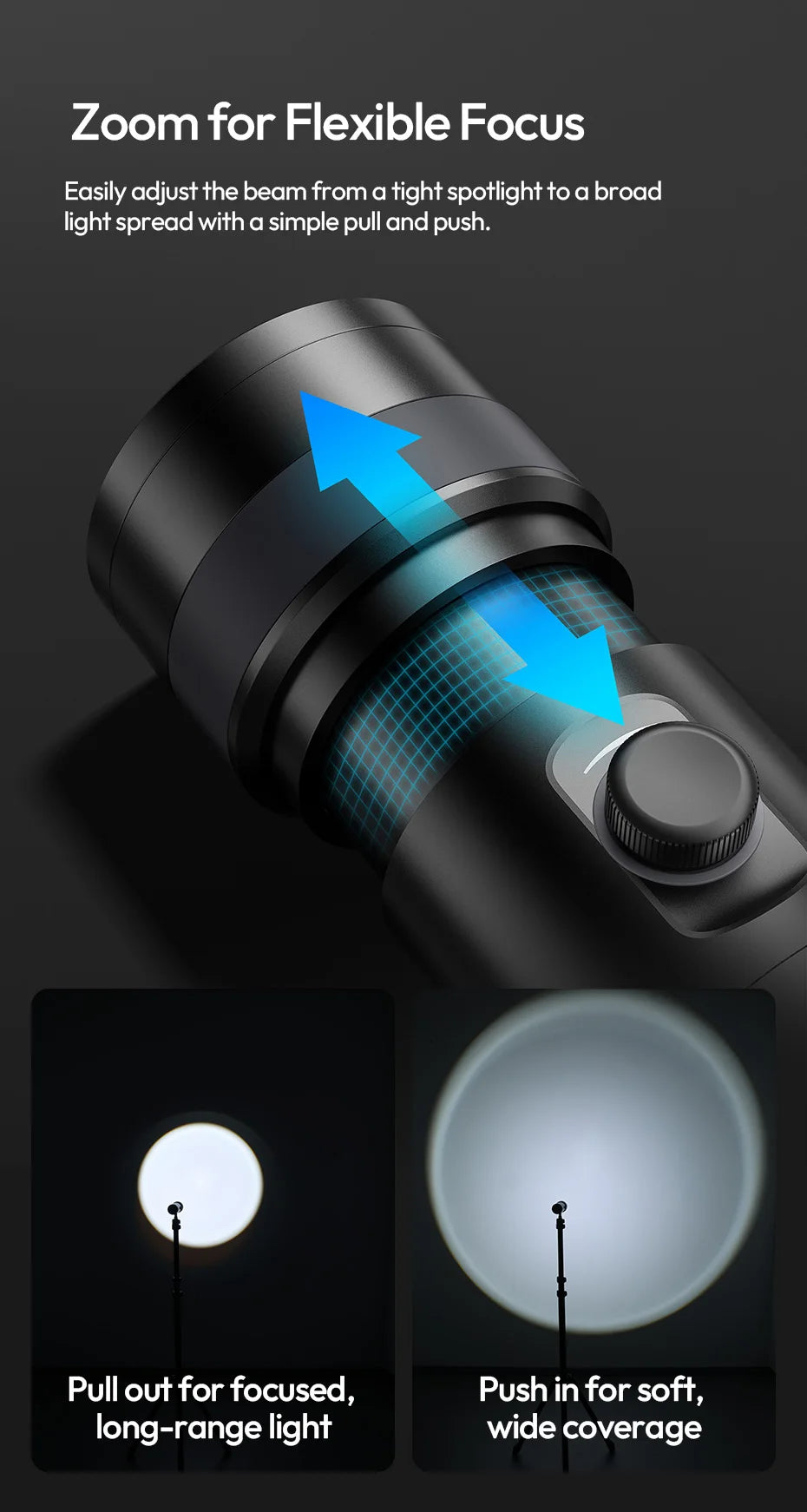 Black cylindrical flashlight with a sliding zoom head to adjust beam width from a tight spotlight to wide coverage.