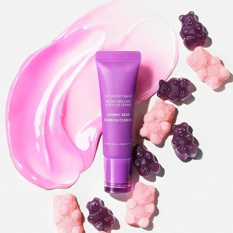 Laneige Lip Glowy Balm in Gummy Bear: a glossy purple moisturizing lip treatment with pink serum texture and candy decor.