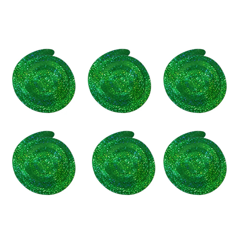 Set of 6 green laser hanging swirl decorations for festive pet party celebrations and birthdays.