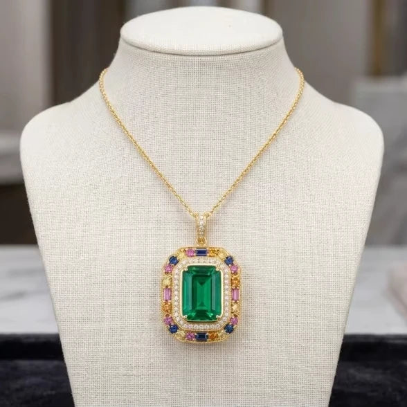 Italian Style Orthodox Emerald Cut 925 Sterling Silver Engagement Gift Luxury Party Wear 18K Gold Plated Pendant Necklace