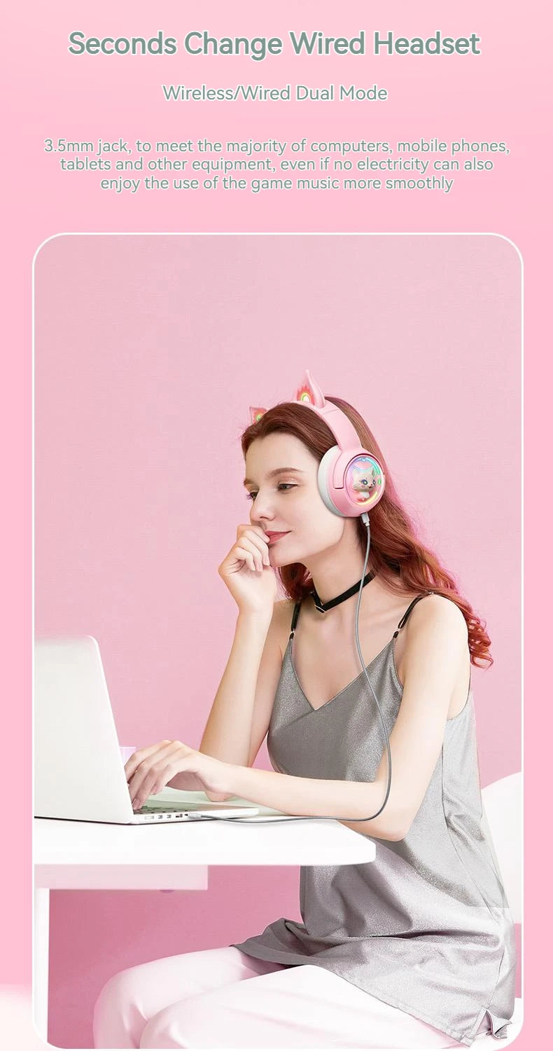 Wireless Cat Ear Gaming Headset | Low Latency Over-Ear Headphones Tidesmit