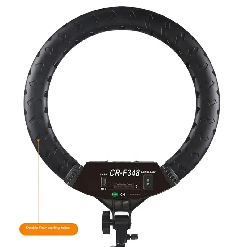 CR-F348 black circular LED ring light with a textured cooling vent pattern for photography and video lighting.