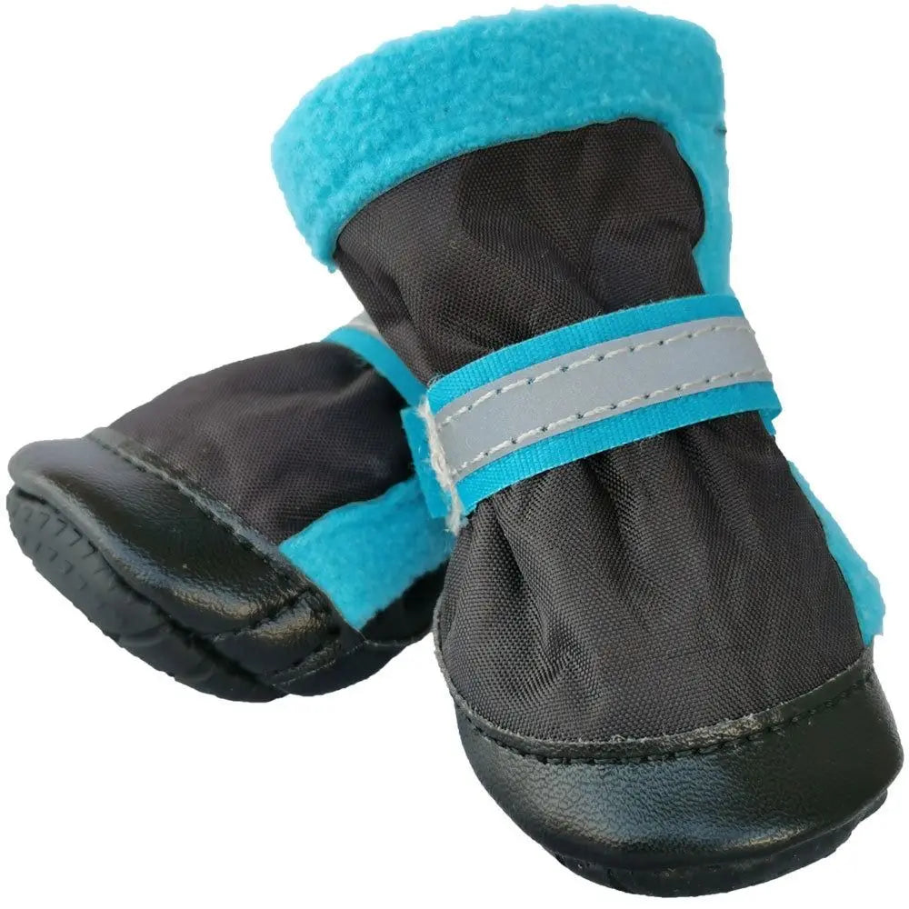 Breathable, anti-slip blue and black reflective dog shoes for outdoor paw protection and comfort.