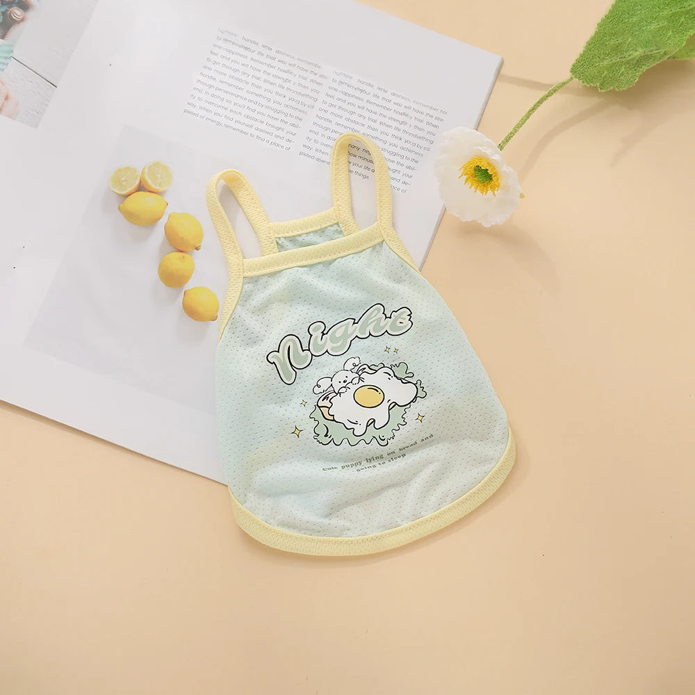 Breathable green ice silk pet tank top for cats and dogs with egg graphic for cool summer comfort.