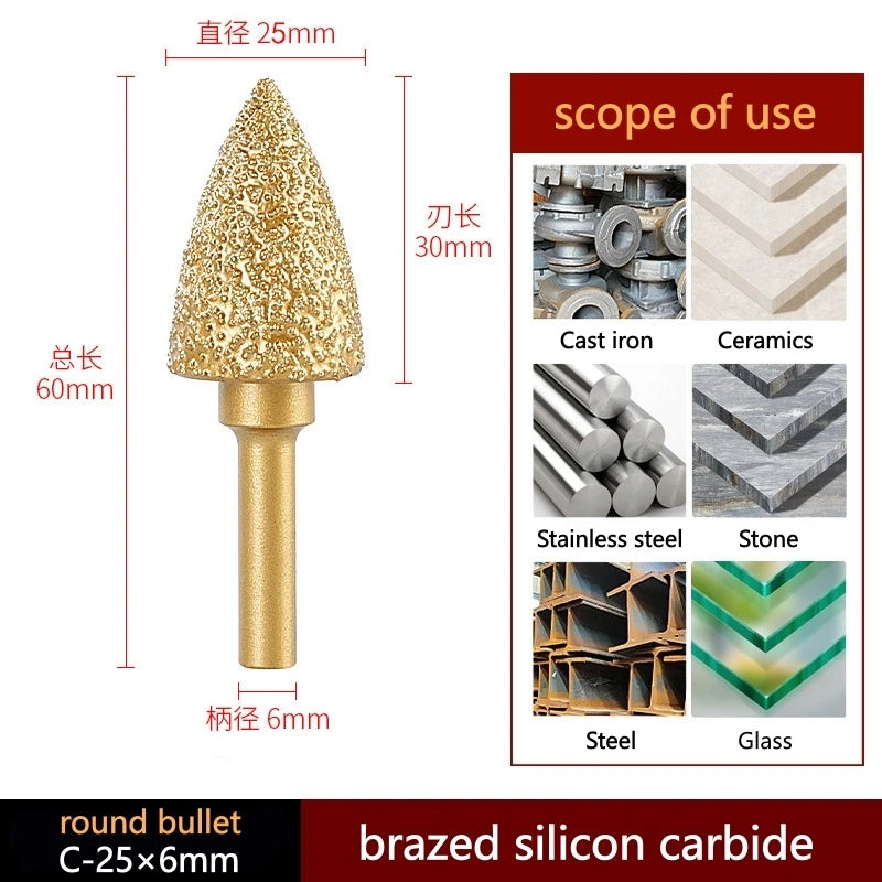 Brazed diamond grinding and polishing head, round bullet gold tip with 6mm shank
