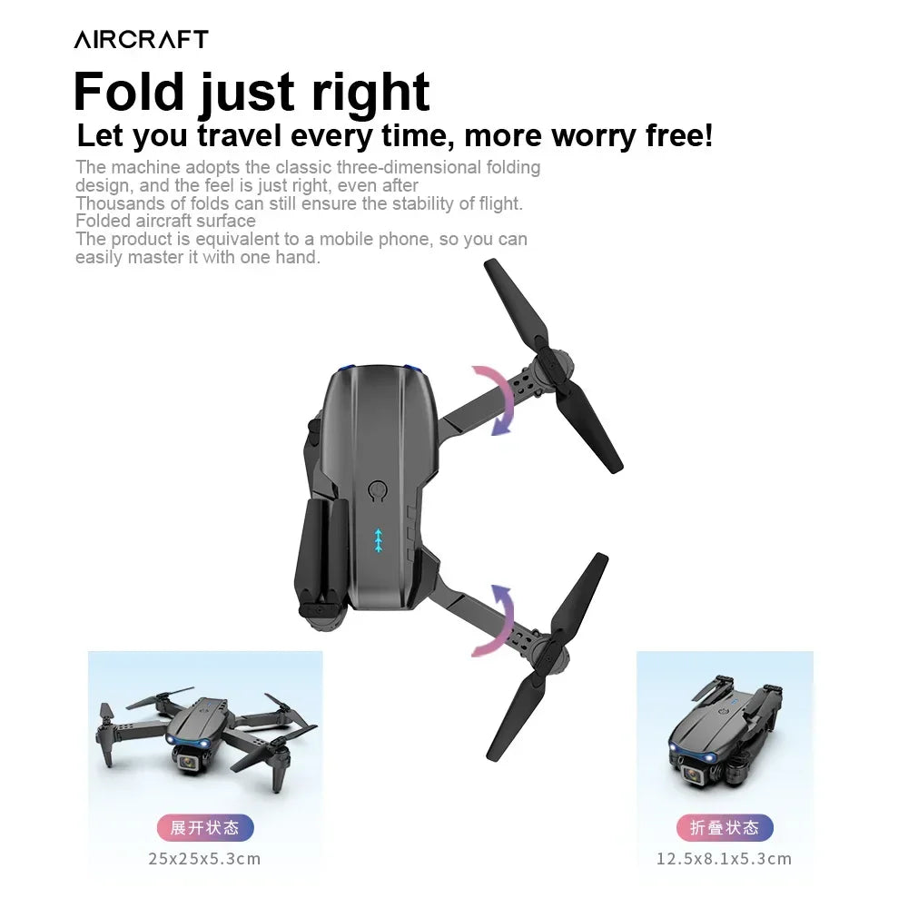 Grey foldable drone with four propellers, shown in flight and compact folded positions for portable aerial photography.