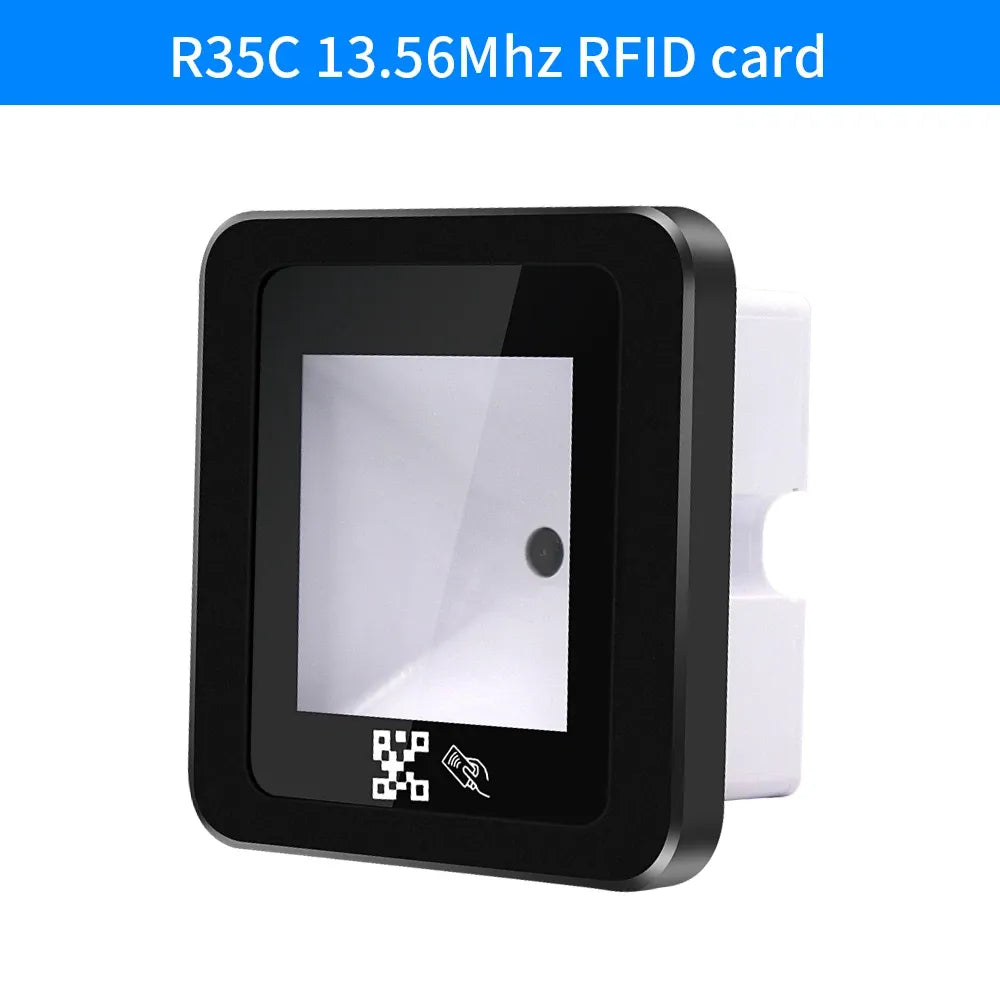 Black QR and RFID card access scanner with square touchscreen and side mount
