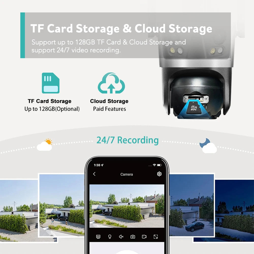Wifi Camera Outdoor PTZ 4 Lens 4 Screen 8X Hybrid Zoom AI Auto Tracking Linkage Video Bluetooth Security Camera IP iCSee APP