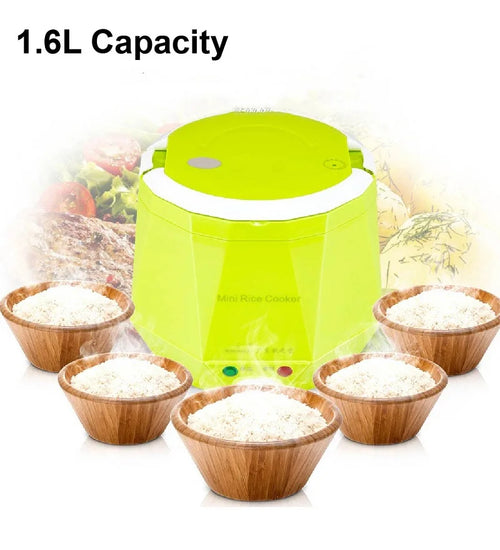 Portable 1.6L car rice cooker, lime green body with white lid and six rice bowls