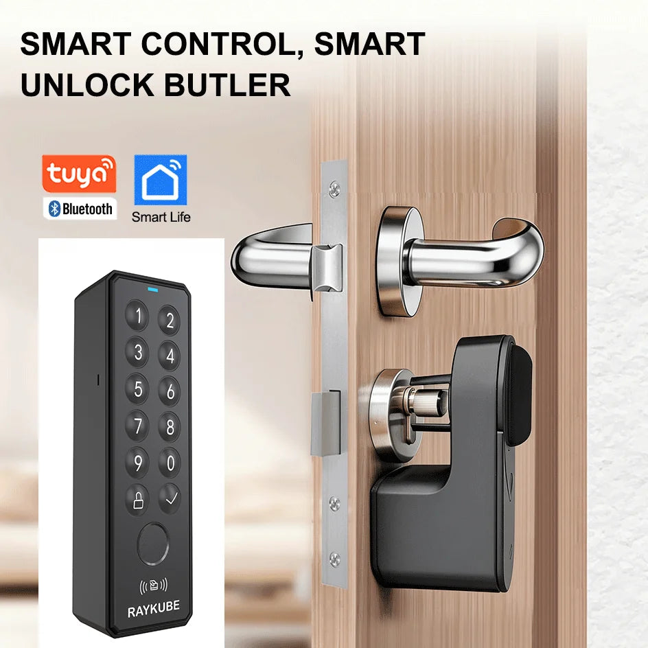 New RAYKUBE EG One Tuya BLE Smart Lock + Wireless Fingerprint and PIN Pad FP01 Bundle – Drill-free, Easy Installation