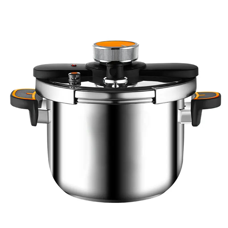 Stainless steel pressure cooker with black lid, one-hand locking handles, and safety valve