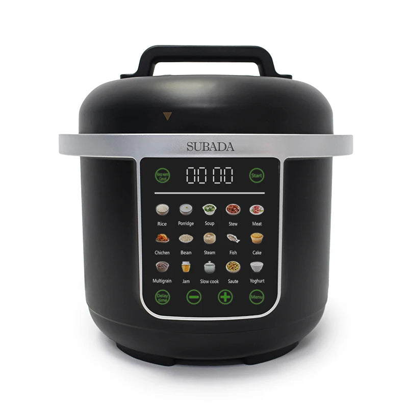 Black electric pressure cooker front with LED timer, brand label, and mode icons