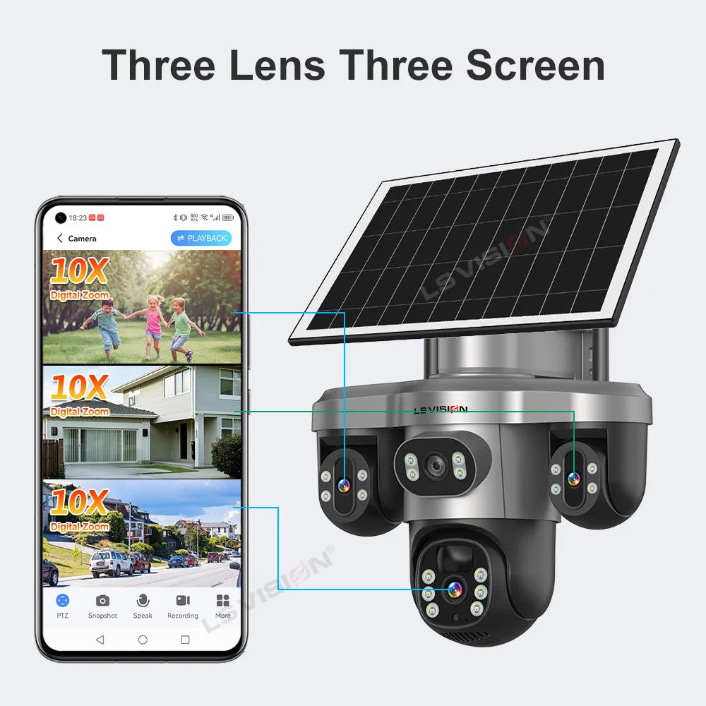 LS VISION 15MP 4G Wifi Solar Camera 3-Screen 10X Zoom PTZ 360°Rotatable PIR Human Detect CCTV Security Video IP Camara V380 Pro