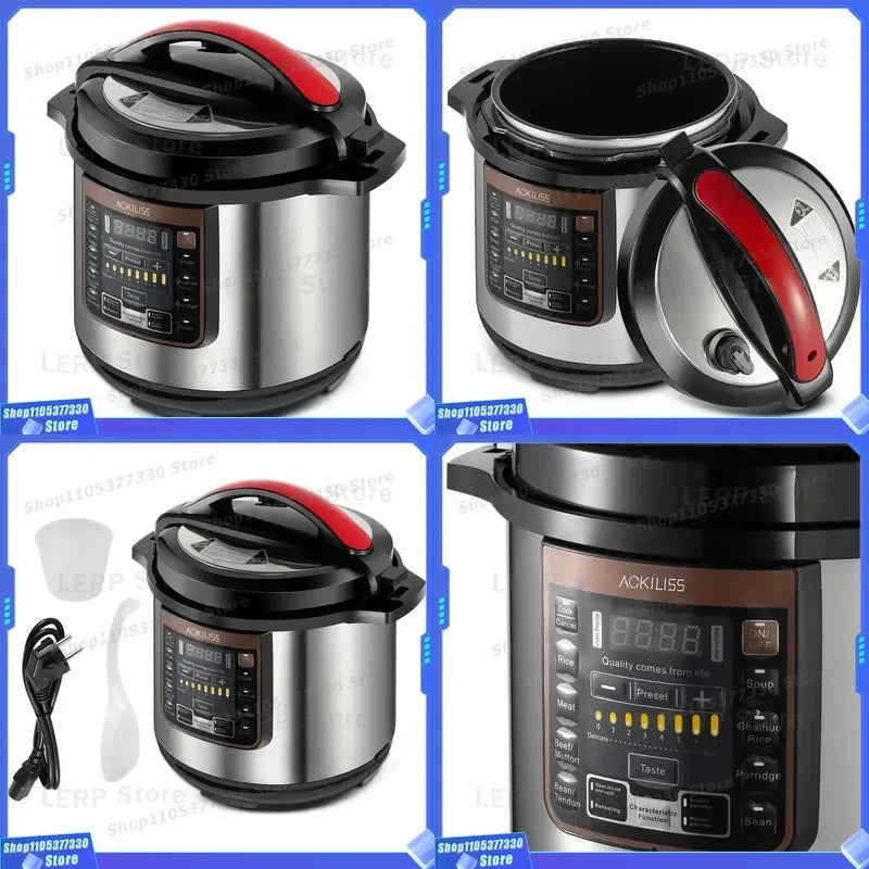 Stainless steel electric pressure cooker with black lid and red handle, digital panel