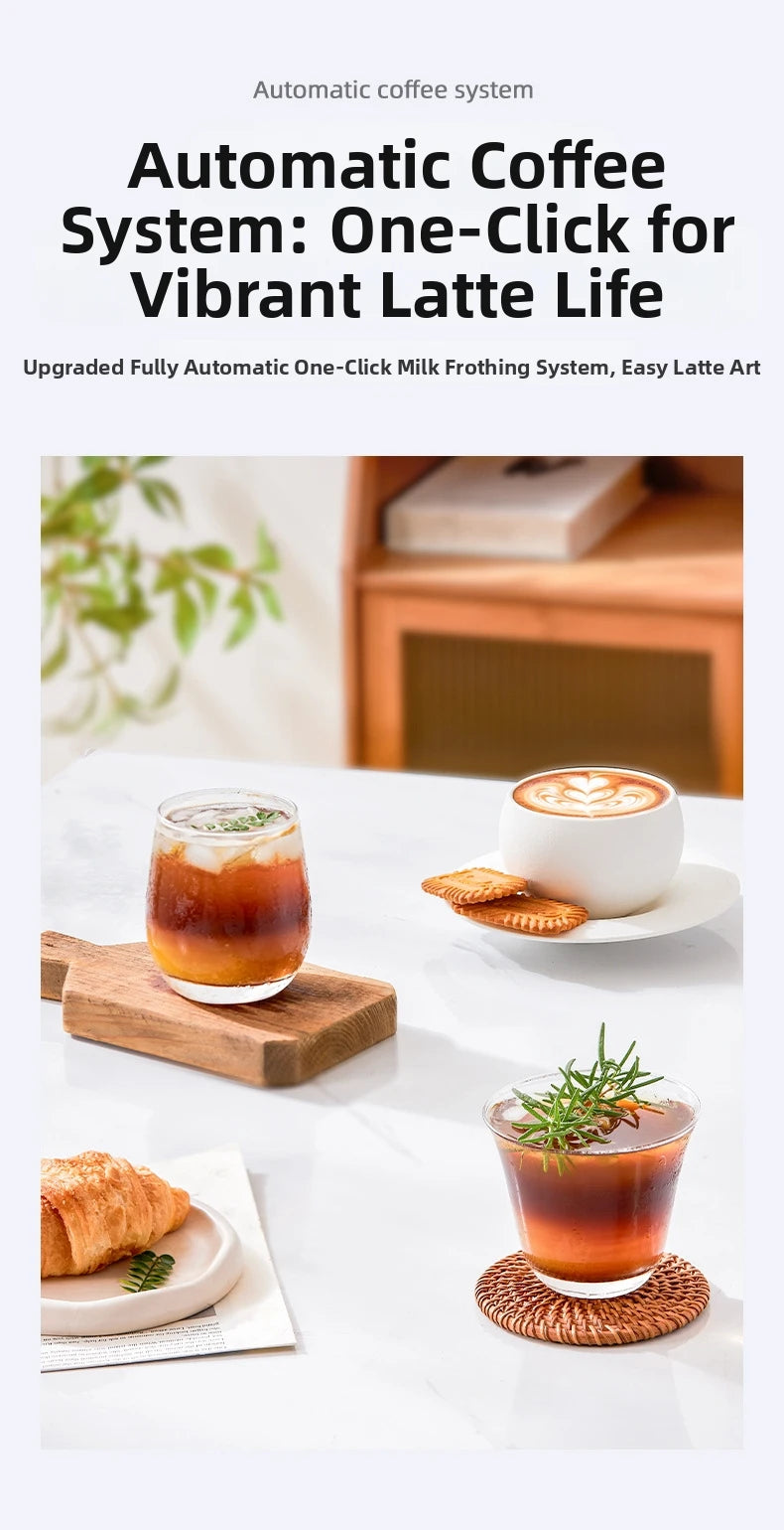 Automatic coffee system for lattes, featuring a modern white cup with latte art on a marble surface with pastries.