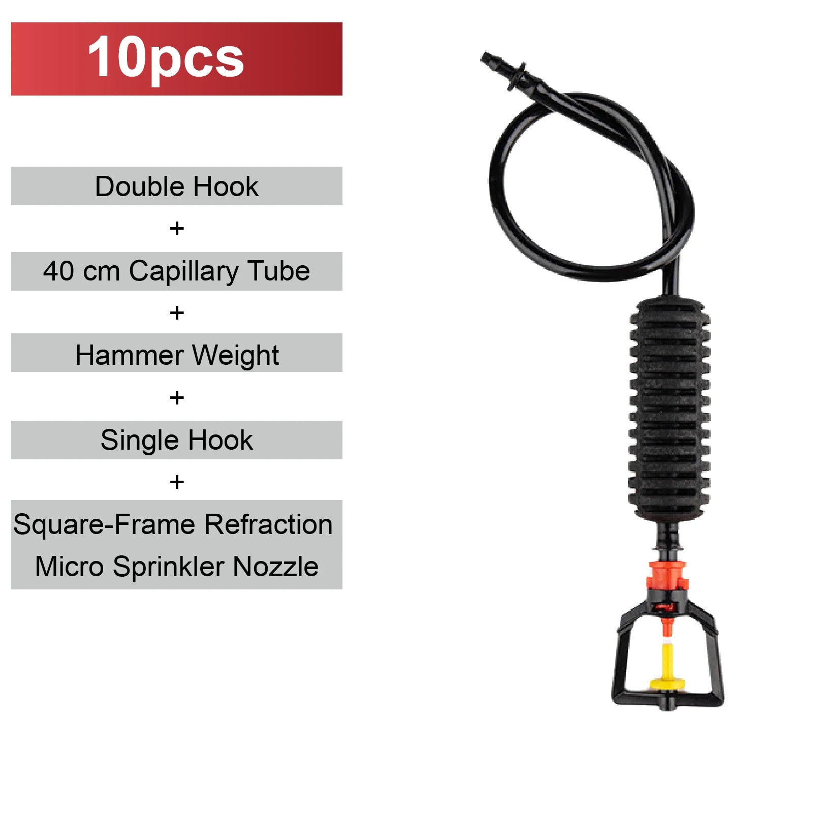 Misting nozzle kit with double hook, capillary tube, weight, and square-frame micro sprinkler