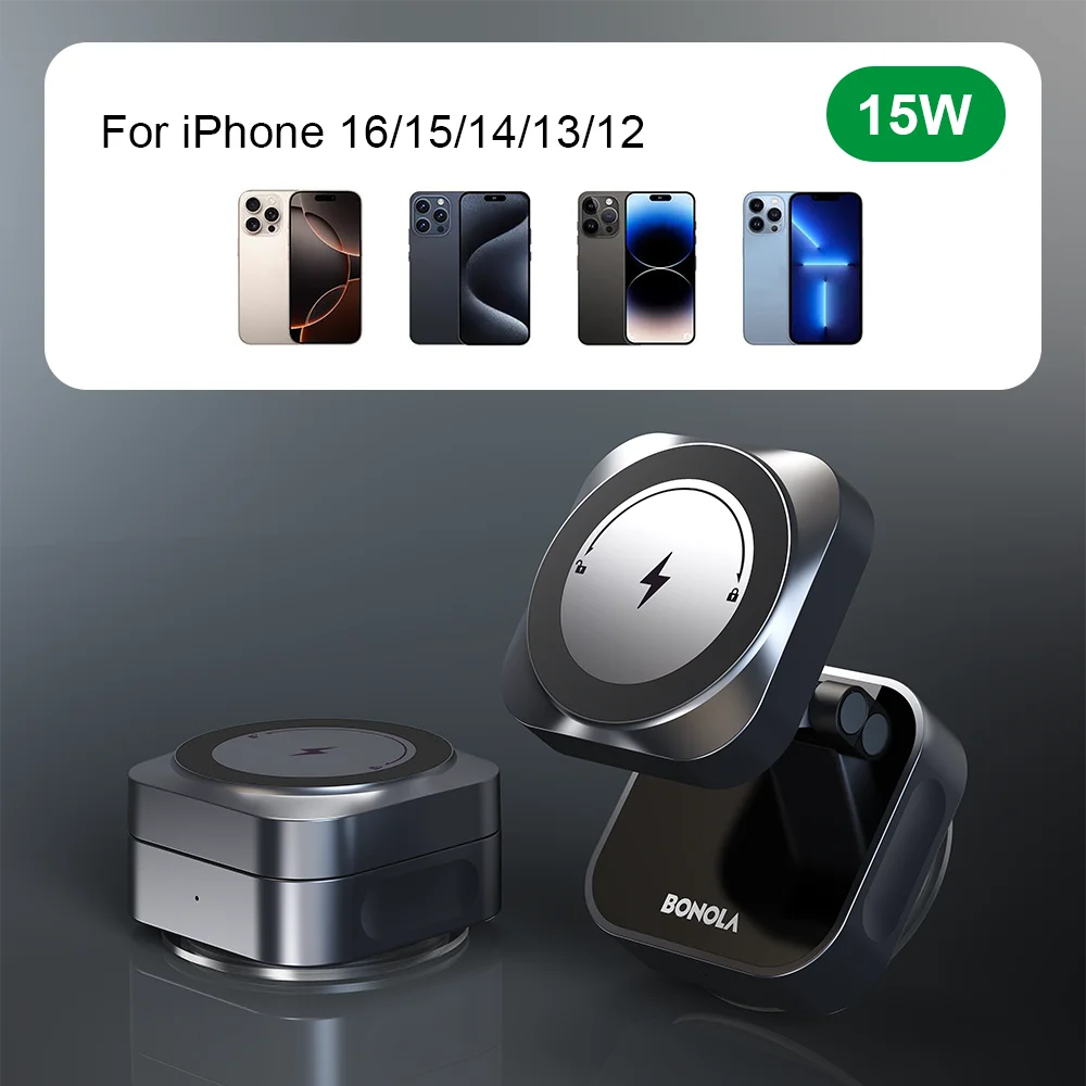 Bonola Suction Cup Car Wireless Charger Foldable for iPhone 17/16/15/Android 15w Magnetic Wireless Charging Vacuum Suction Stand