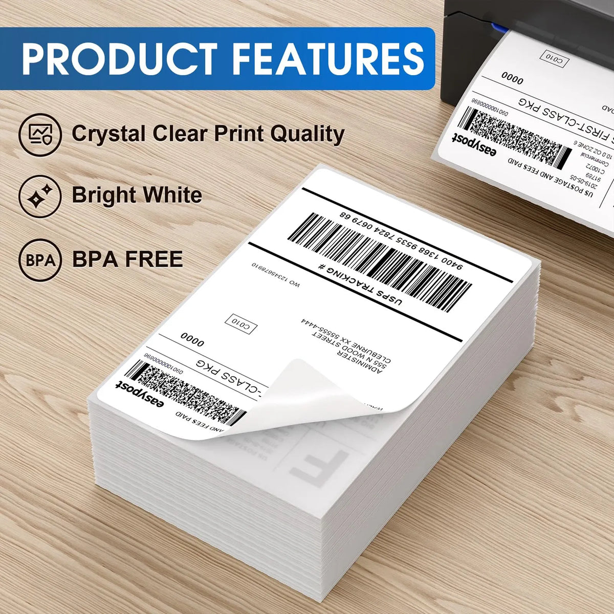4x6 thermal shipping labels stack with barcode and receipt-style printout, bright white