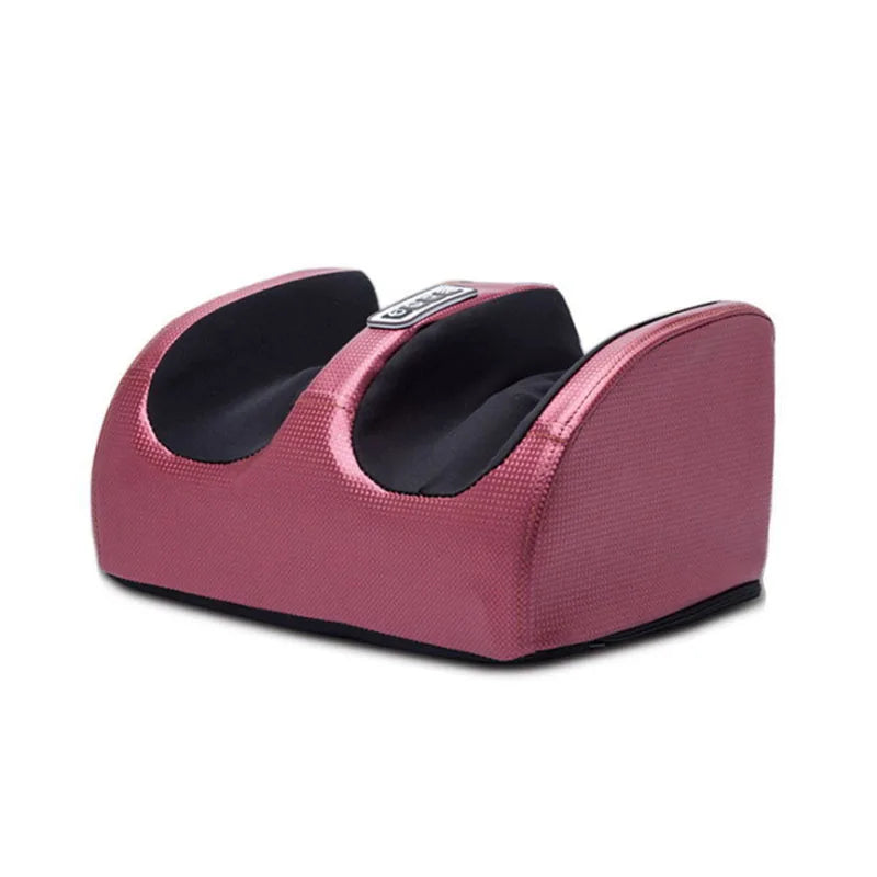 Metallic pink electric foot and calf massager with deep tissue kneading and heat function for muscle fatigue relief.
