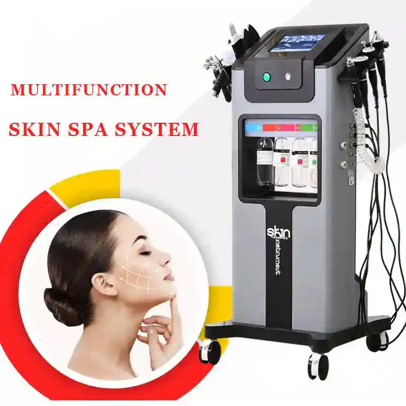 10-in-1 multifunctional grey skin spa machine with touch screen, solution bottles, and various attachments on wheels.