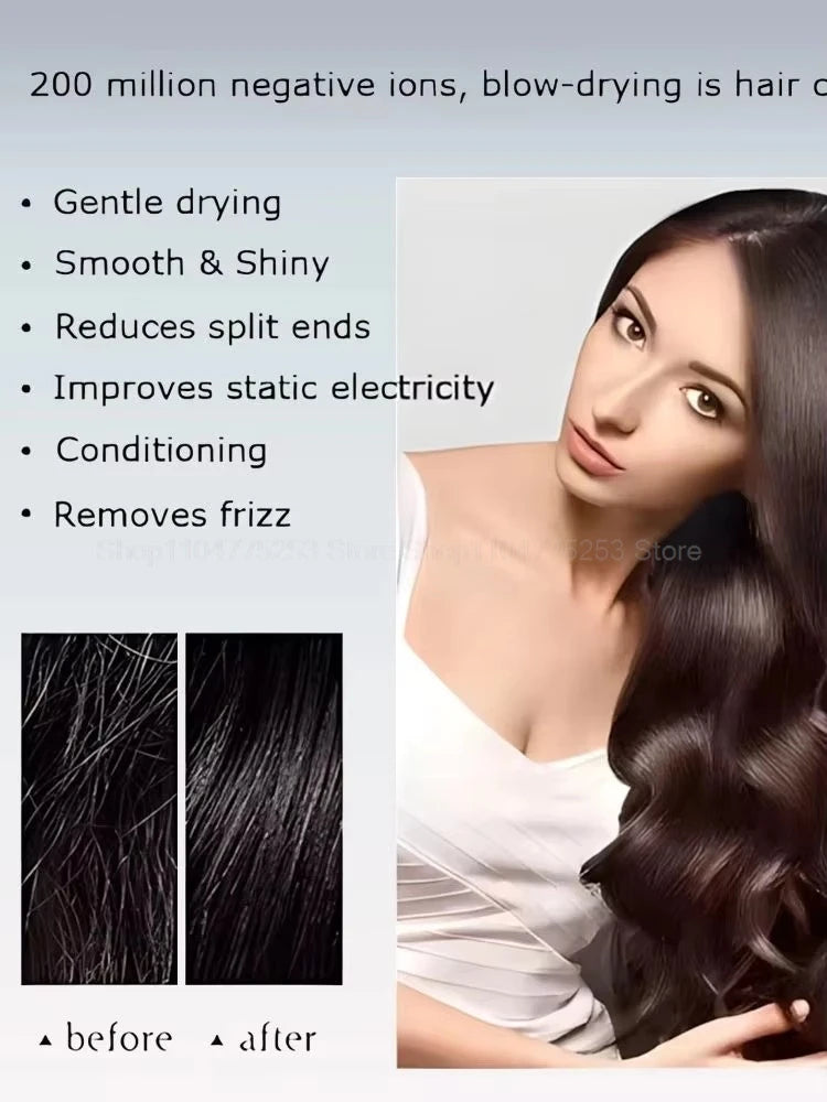 Negative ion leafless hair dryer reduces frizz and adds shine with before and after hair styling results shown.