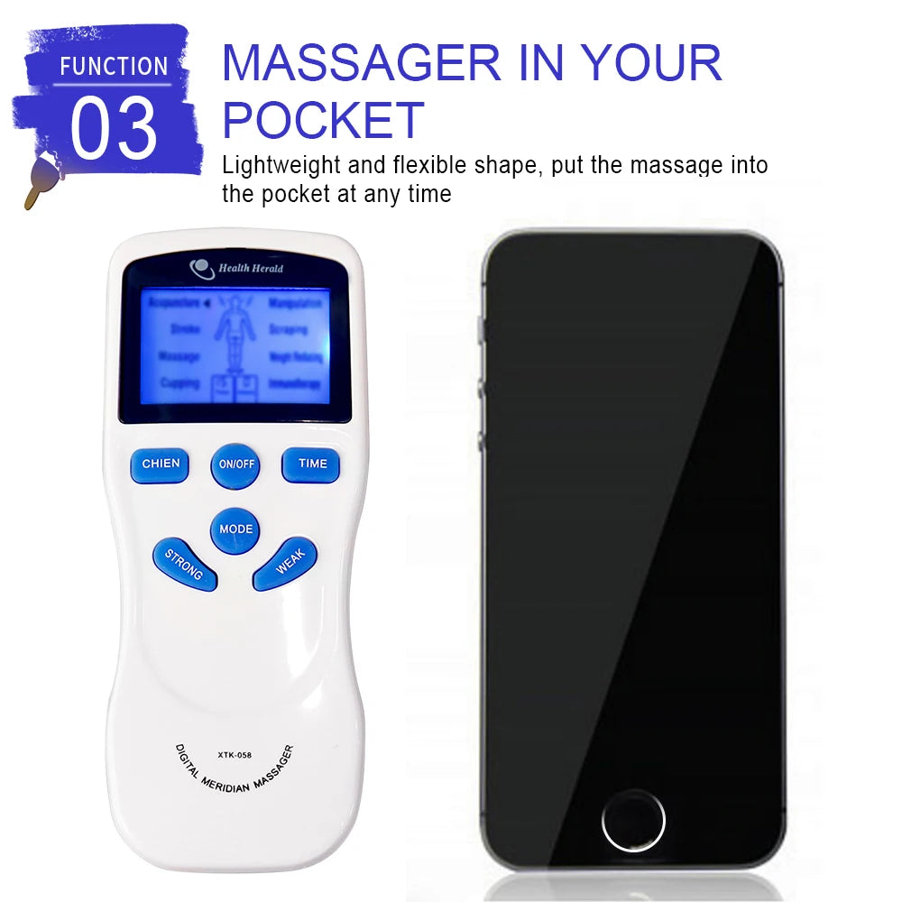 Portable 8-mode TENS pulse EMS muscle stimulator massager with LCD screen for pain relief and digital body therapy.