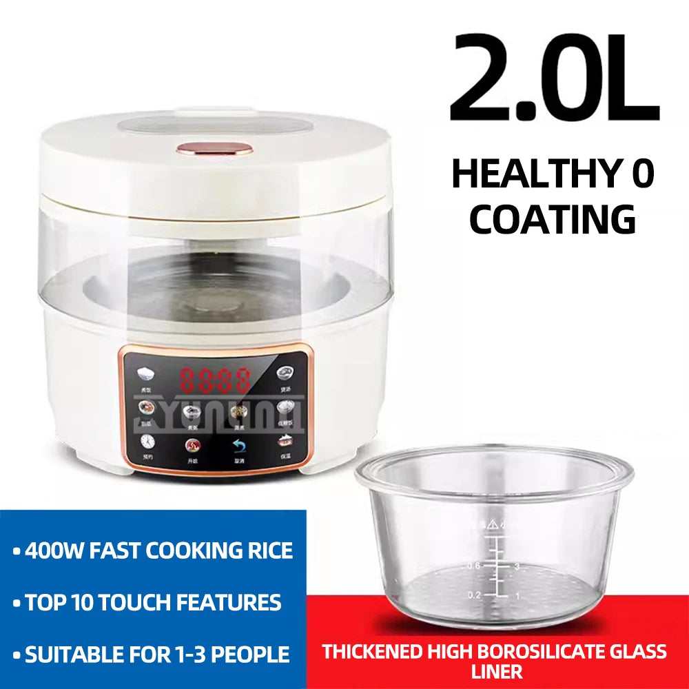 White 2L rice cooker with transparent chamber, touch panel, and clear glass bowl