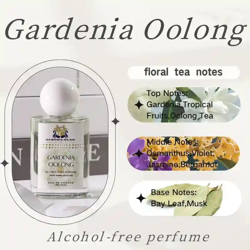 Aurora.Glen Gardenia Oolong EDP: Alcohol-free floral tea perfume in a round-cap bottle with musk & jasmine notes.