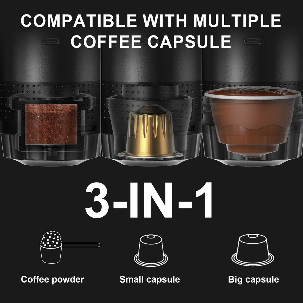 Black 3-in-1 portable coffee maker compatible with coffee grounds, small capsules, and big coffee pods.