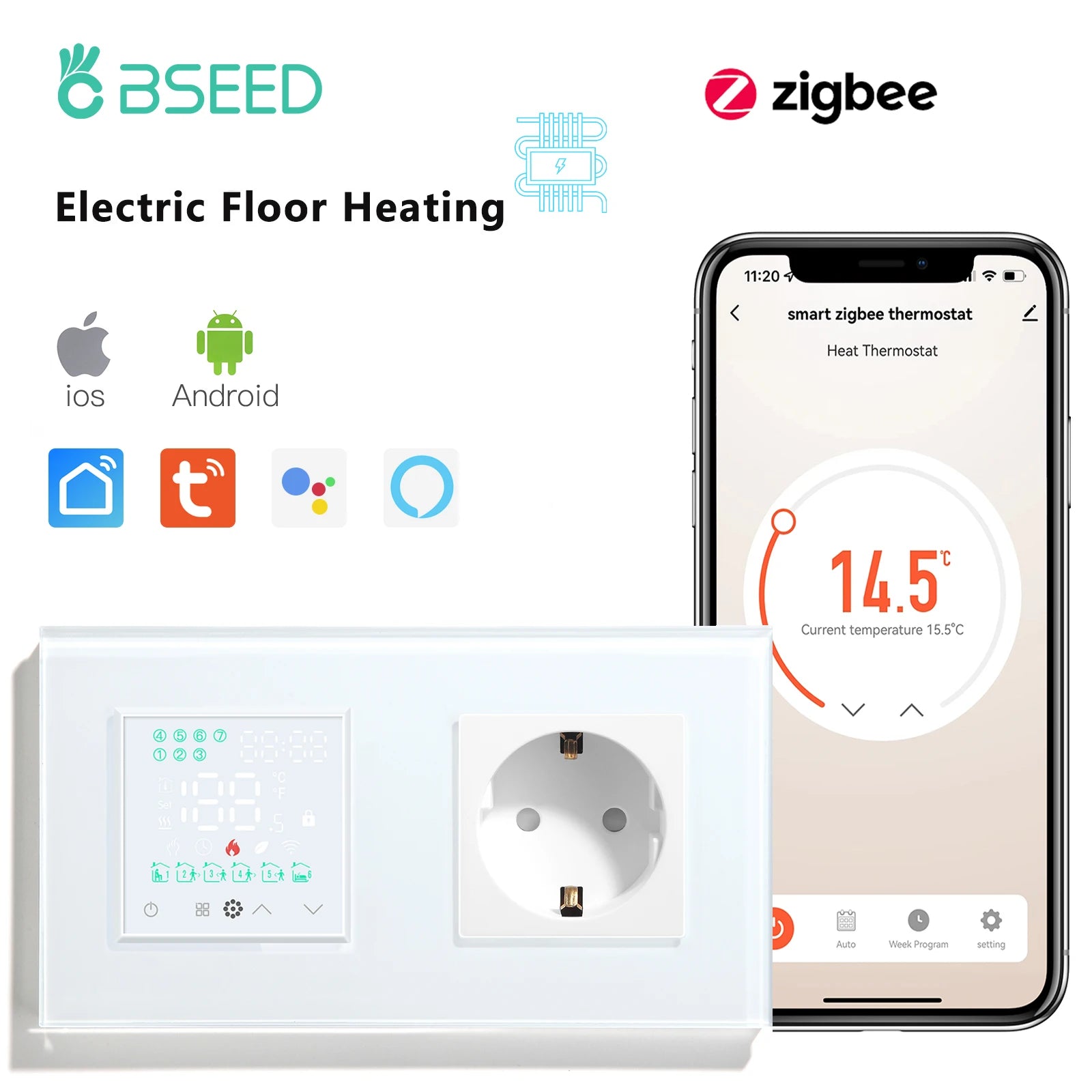 Zigbee electric floor heating thermostat switch with touchscreen and round socket, white