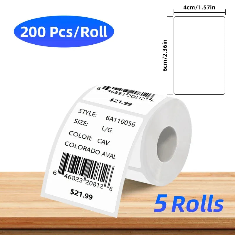 Coreless white thermal label roll with 200 labels per roll, style and price label