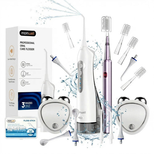 Pro Dental Care Kit: 3-mode water flosser and AI toothbrush set with large tank and accessories, studio product view.