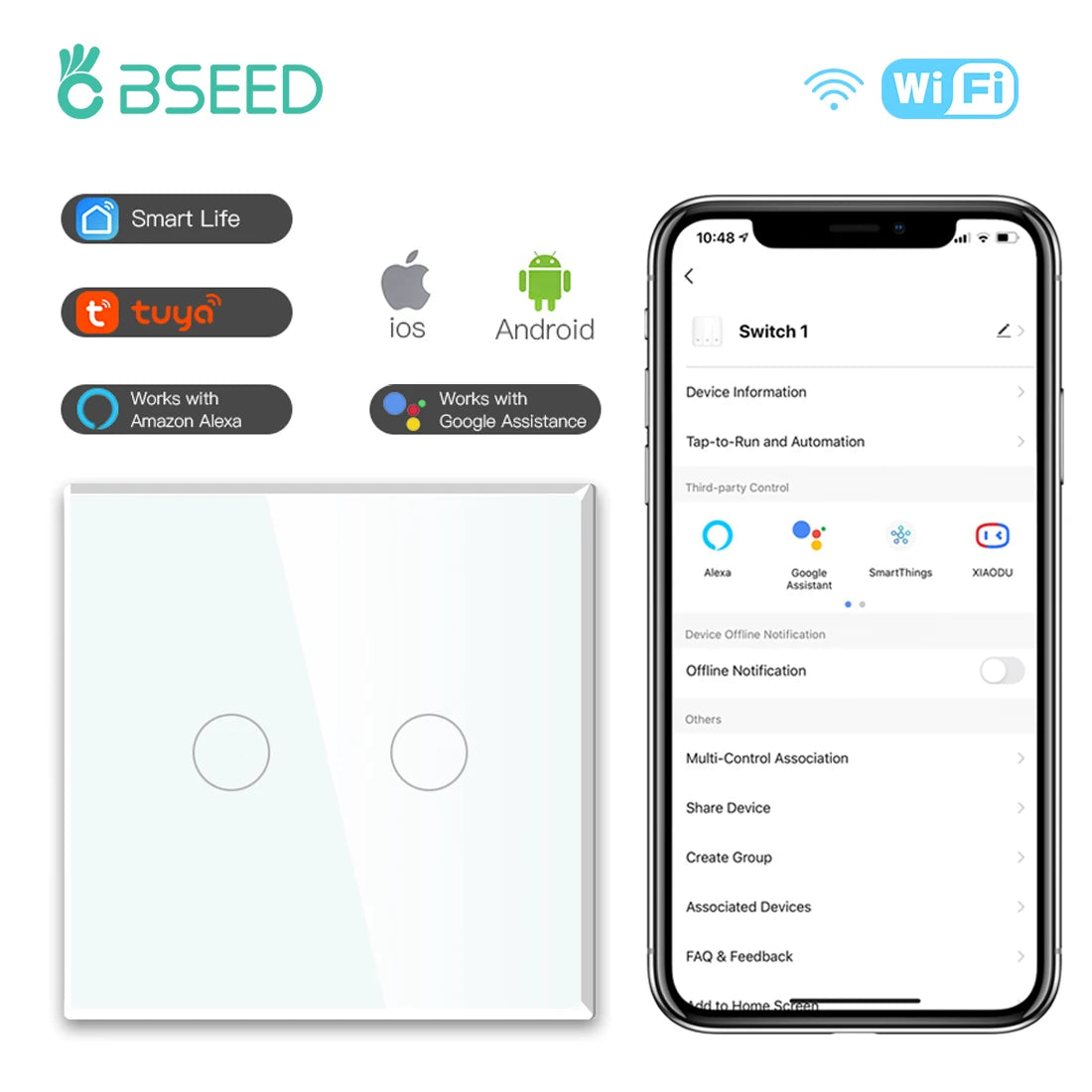 WiFi Smart Wall Switch with USB-C Port - Glass Panel Tidesmit 2Gang Switch EU standard Tidesmit
