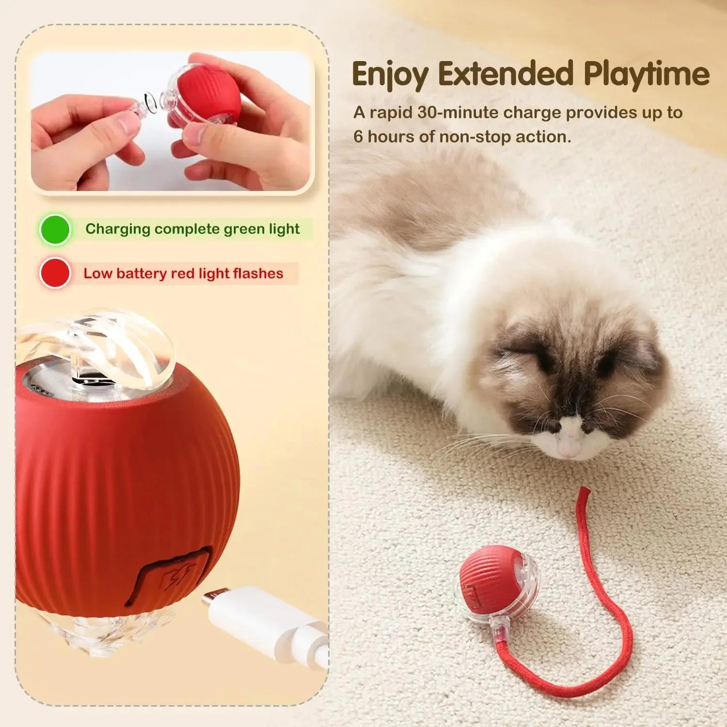 Rechargeable red interactive smart cat ball toy for automatic rolling fun and engaging kitten play.