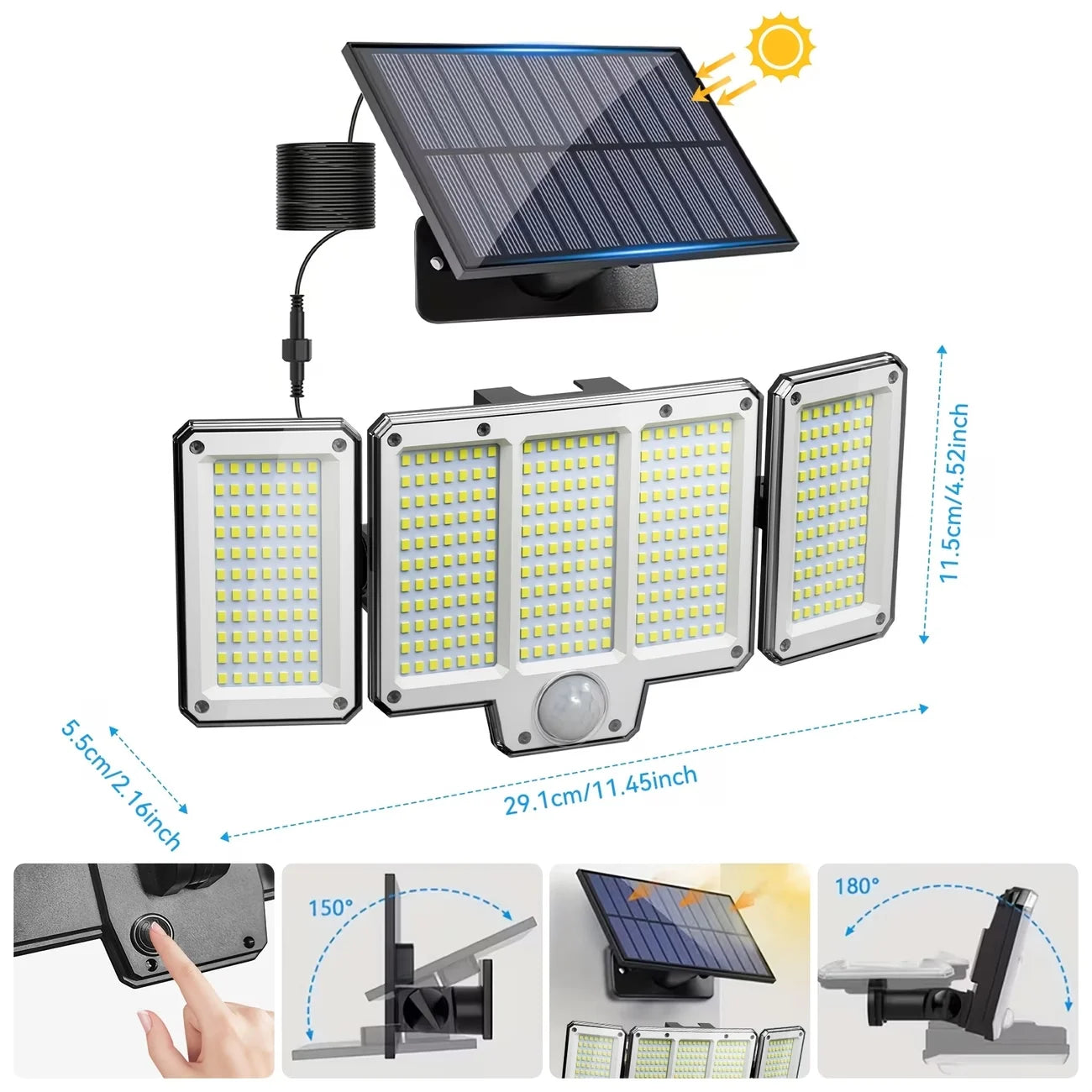 309LED Split Panels Solar Motion Sensor Lamp, 3 Side Outdoor Solar Security Wall Lamp with 3 Lighting Modes, IP65 Waterproof 270° Wide Angle Street Lamp, for Garden Yard Driveway