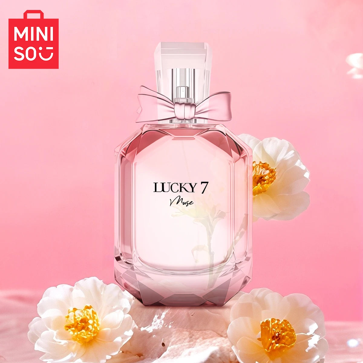 Miniso Lucky 7 Muse floral EDP for women: 100ml luxury perfume in a faceted glass bottle with a pink bow accent.