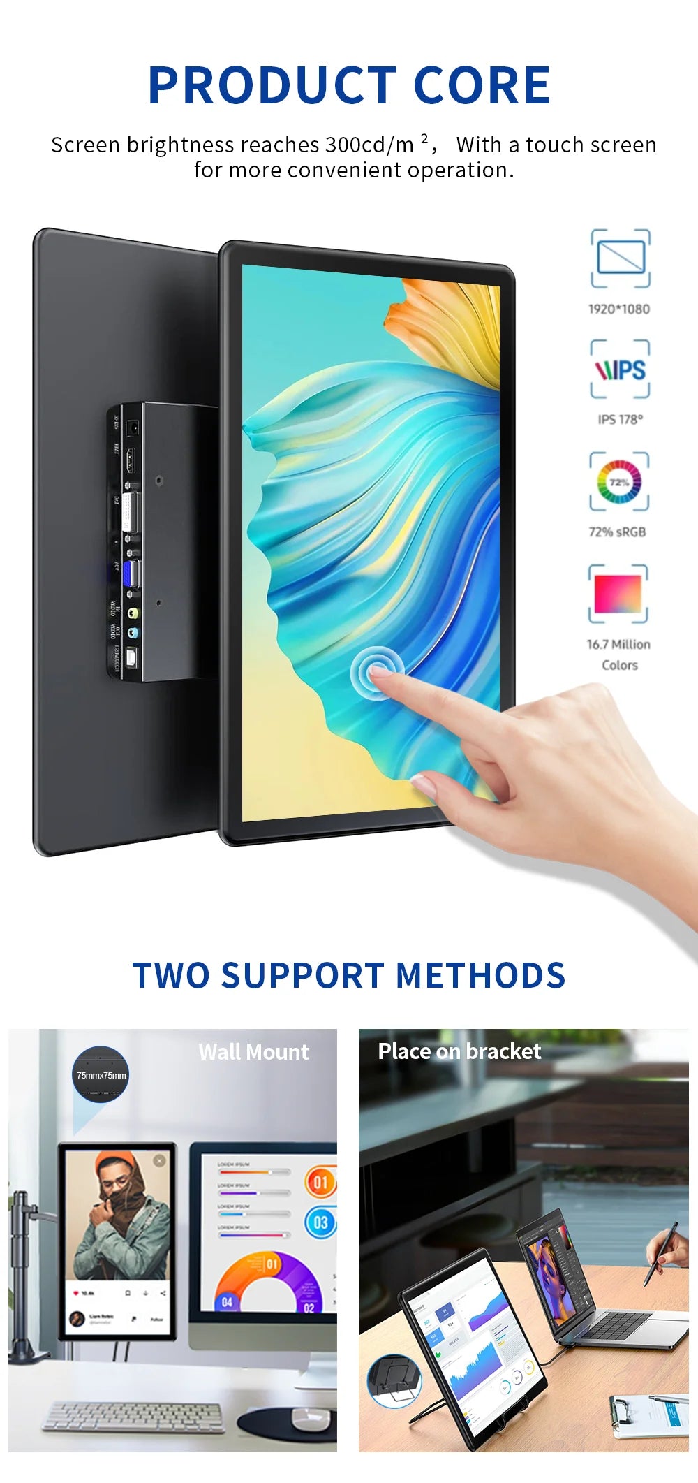 Unew 15.6" Touchscreen Monitor 1920x1080 60Hz 16:9 IPS Display HDMI Type-C VGA DVI for Raspberry Pi Industrial CCTV 75*75mm VESA