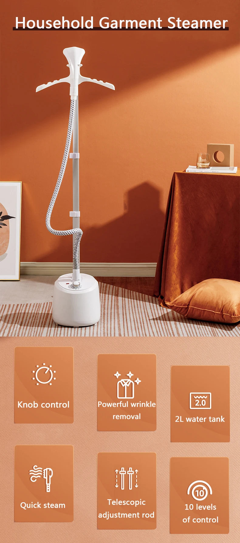 Tidesmit 2L electric garment steamer showing adjustable rod and steam nozzle features for 10 fabric types