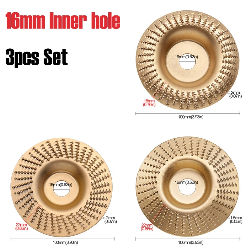 Set of three round gold diamond-tooth discs for angle grinder, 16mm center hole
