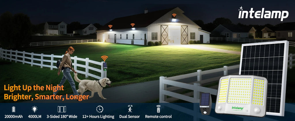 Intelamp 20000mAh Solar Flood Lights Outdoor Super Larger Solar Panel 4000LM Linkable Dual Motion Sensors For Garden Yard Garage