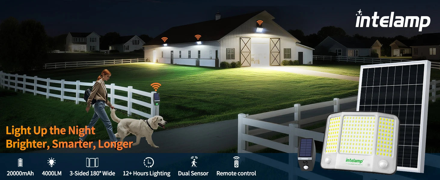 Intelamp 20000mAh Solar Flood Lights Outdoor Super Larger Solar Panel 4000LM Linkable Dual Motion Sensors For Garden Yard Garage